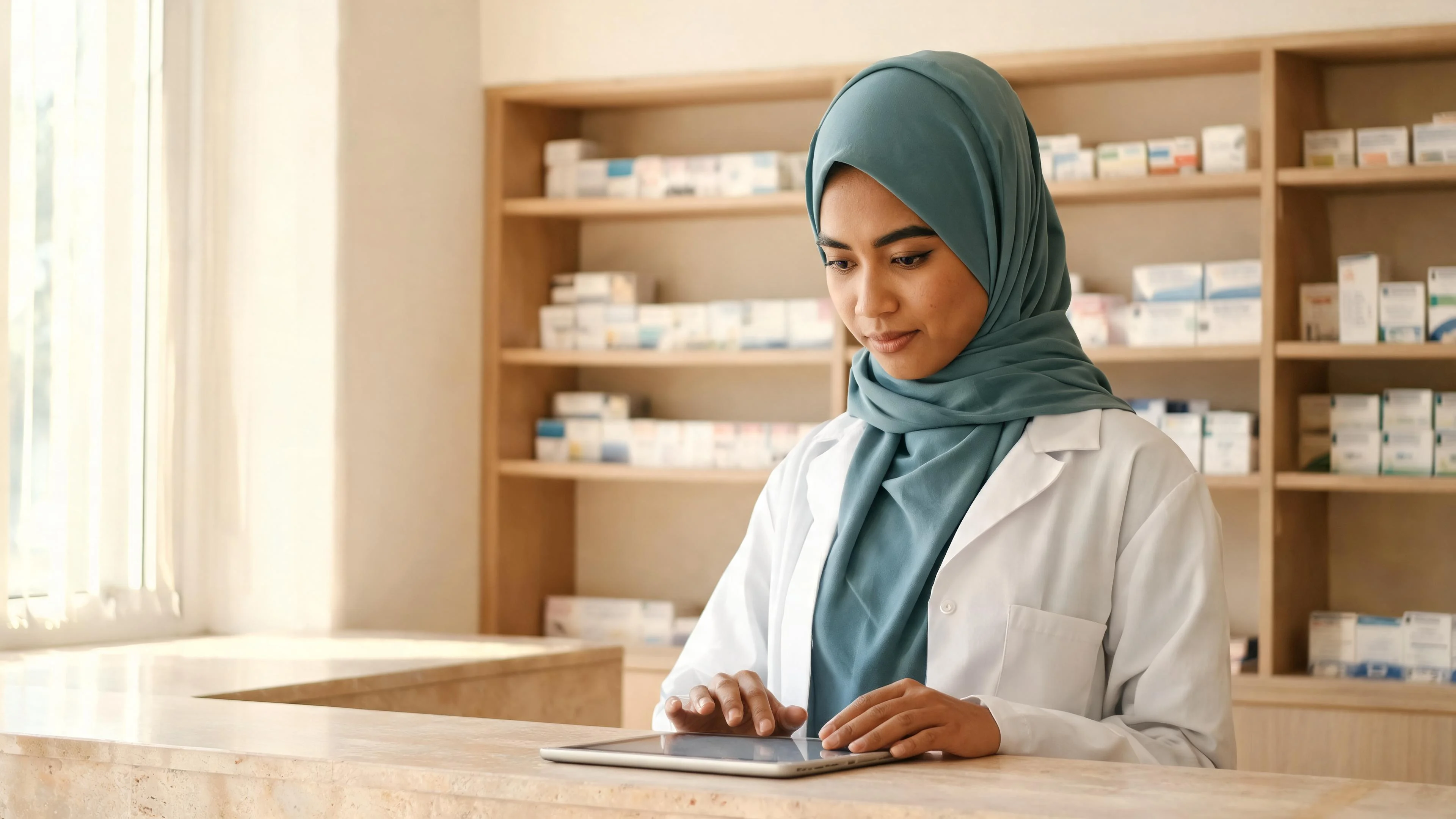 Illustrative scene of a pharmacist reviewing information at a pharmacy workstation.